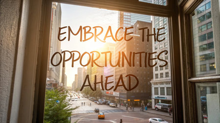 Dramatic cityscape viewed through a window displays motivational text, perfect for representing ambition and forward-thinking prospects.の素材