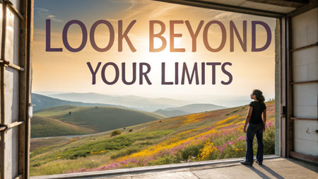 Dramatic landscape with a motivational phrase against a vibrant sky encourages personal growth, perfect for showcasing ambitious goals and aspirations.の素材