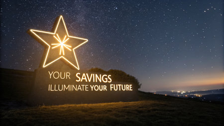 A large, glowing star shines brightly in the night sky above text encouraging savings, representing hope and illuminating your future, perfect for financial planning and inspiration.の素材