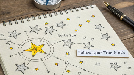 Intricate drawing of a compass and stars sketched on a notebook, highlighting guidance and direction, perfect for representing personal growth and future planning.の素材