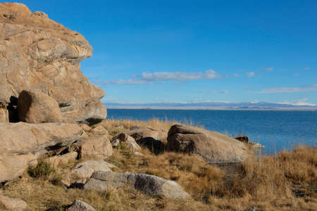 Achitnoor lake in the Mongolian steppe in the autumnの写真素材