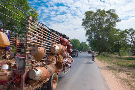 SIAM REAP, CAMBODIA - JANUARY 2015: Mobile shop for the sale of ceramic products in Cambodia, January 2015のeditorial素材