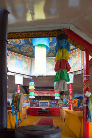 The interior is a small Mongolian Buddhist temple in the middle of the desertのeditorial素材