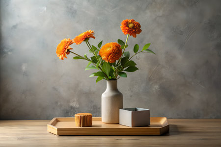 Vase with beautiful marigold flowers on table against grey wallの素材