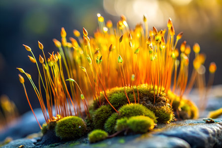 Macro shot of moss with bokeh light in autumn forestの素材