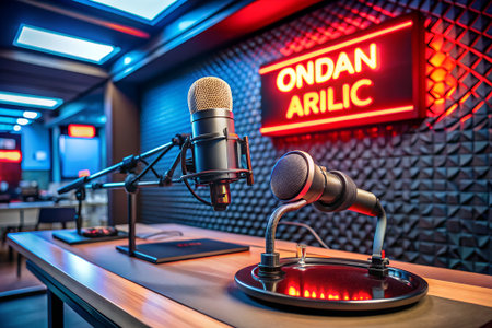 Audio recording studio. Microphone on the table in the recording studio.の素材