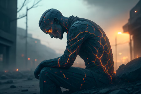 Scary man with a burning head in the city at night.の素材