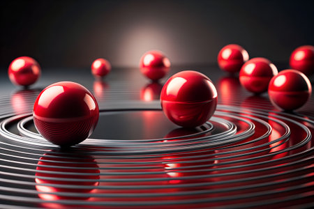 Red spheres in circle on black background. 3d render illustration.の素材