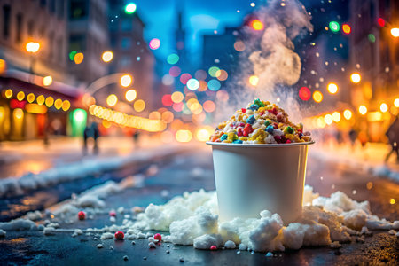 Cappuccino with whipped cream and colorful candies on the city street.の素材