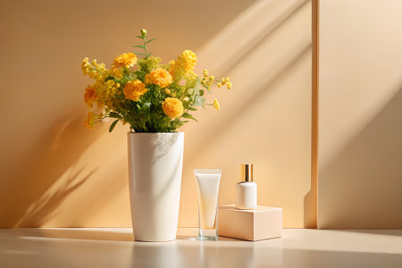 Cosmetic products and flowers in vase on table near color wallの素材
