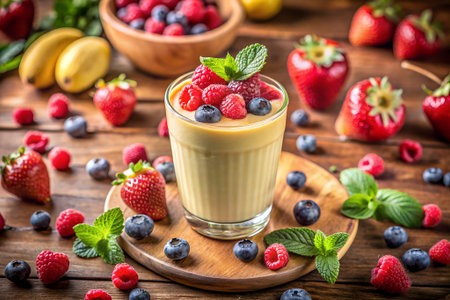 Fruit and berry mousse in a glass on wooden backgroundの素材