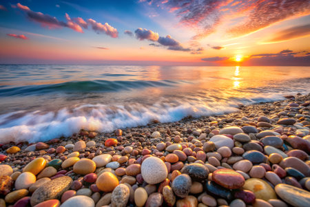 Colorful sunset over the sea with pebble beach and wavesの素材