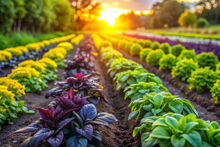 Plantation of red and purple basil in the garden at sunsetの素材