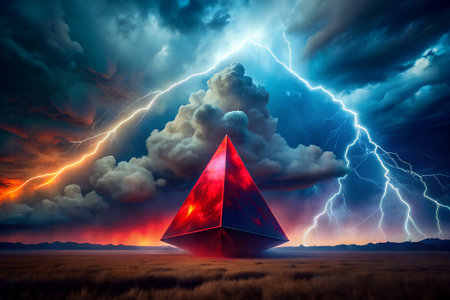Conceptual image with red pyramid on the background of stormy skyの素材