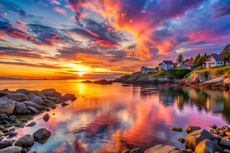Sunset over the island of St. Michaels, Newfoundland and Labrador, Canadaの素材