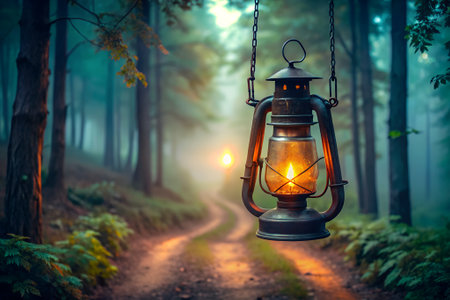 Lantern in the forest at night. Beautiful nature background.の素材