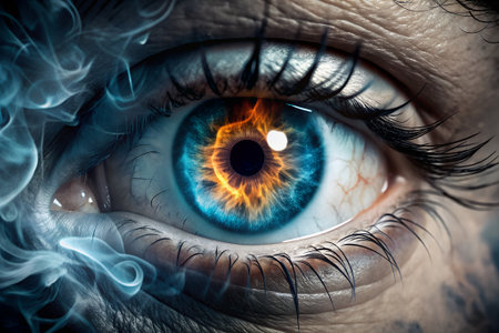 Close-up of an eye with blue iris and smoke.の素材