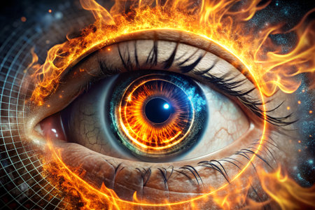 Close up of human eye with fire effect. Futuristic technology conceptの素材