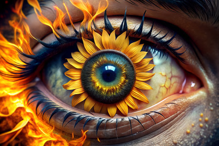 Close up view of beautiful female eye with sunflower. 3D renderingの素材