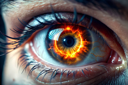 Close up of human eye with fire in it. 3D renderingの素材