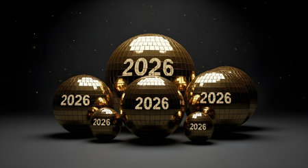 New year 2020 golden 3d rendering christmas balls, 3d illustrationの素材