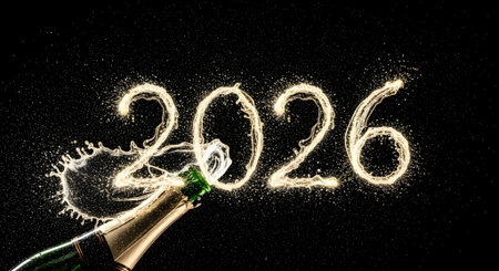 New Year's Eve celebration with champagne bottle and golden numbers 2020.の素材