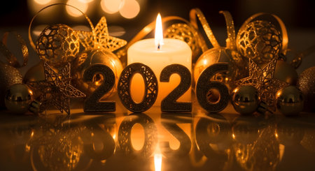 Happy New Year 2016 with christmas decoration and candle on black backgroundの素材
