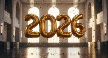 New Year 2026 gold foil balloon background. 3D Rendering.の素材