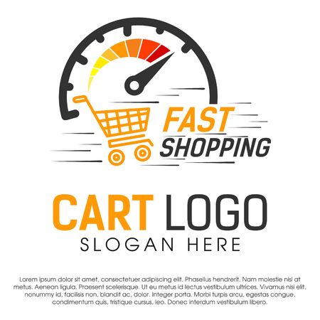 Fast shopping concept logo design template. Shopping cart vector illustration isolated on white background. Shopping cart in motion logo design. Shopping cart swoosh wind logo design. EPS fileのイラスト素材