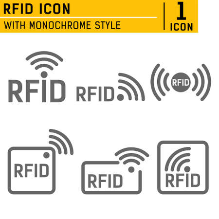Monochrome set of icons RFID. set of icons featuring radio and radio waves. set of icons with different variations of RFID image in different forms. RFID logo with object of communicationのイラスト素材