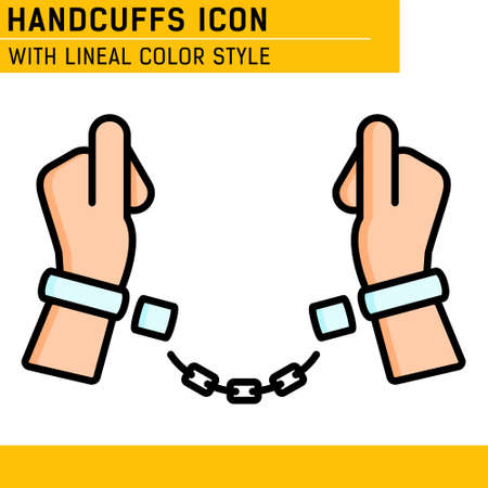 Handcuffs, manacles or shackles icon with lineal color style. Chained, handcuffed hands. Vector...