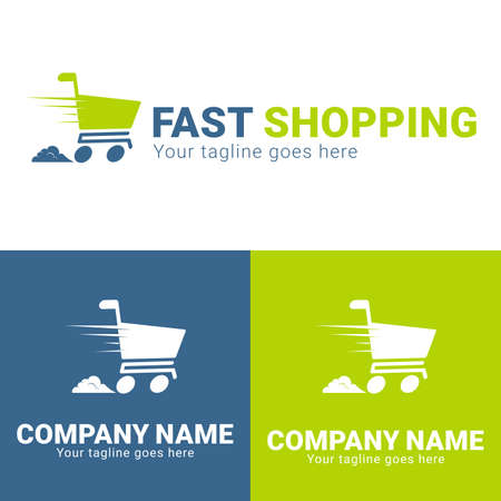 Fast shopping concept logo design template. Shopping cart vector illustration isolated on white background. Shopping cart in motion logo design. Shopping cart swoosh wind logo design templateのイラスト素材