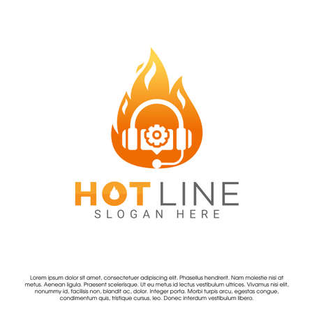 earphone and fire flame logo icon design concept template. Service center or hot line symbol vector logo design template isolated on white background. Design template for business and technologyのイラスト素材