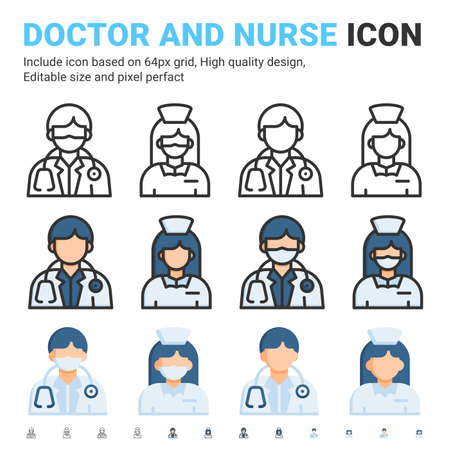 Doctor and nurse with face mask line icons isolated on white background. Vector illustration health workers sign symbol icon concept for hospital, healthcare, clinic, industry, apps, web and projectのイラスト素材