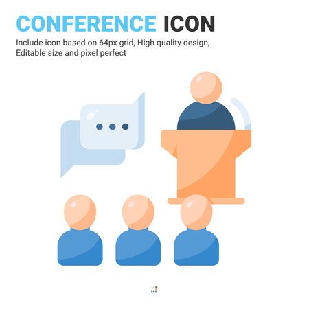 Conference icon vector with flat color style isolated on white background. Vector illustration presentation sign symbol icon concept for business, finance, industry, company, apps, web and projectのイラスト素材
