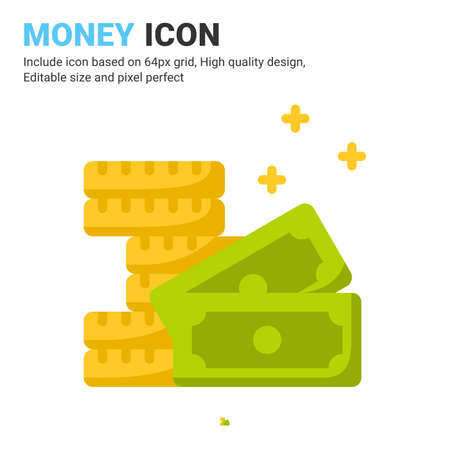 Money icon vector with flat color style isolated on white background. Vector illustration cash, currency sign symbol icon concept for business, finance, industry, company, apps, web and all projectのイラスト素材