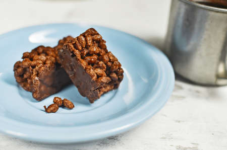 Sweet dessert, Chocolate bar and coffee on the tableの写真素材