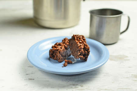 Sweet dessert, Chocolate bar and coffee on the tableの写真素材