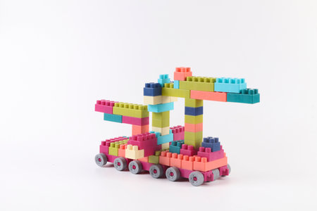 Plastic building blocks isolated on white background. Colorful toy bricksの写真素材