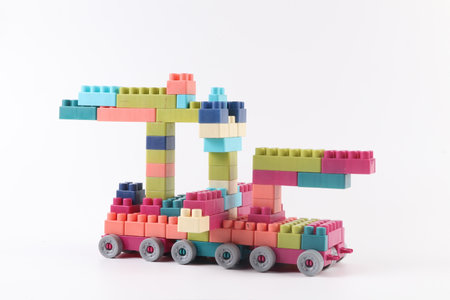 Plastic building blocks isolated on white background. Colorful constructor.の写真素材