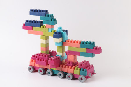Plastic building blocks on a white background. Toy building blocks.の写真素材