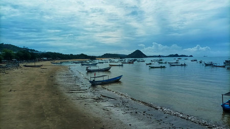 Scenery of a local fishing village bay with numerous wooden boats on the water near the beach....