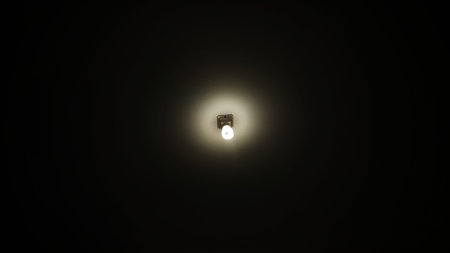 Simple Minimalist Energy Saving LED Bulb Glowing in a Dark Room Against a Black Ceiling Backgroundの写真素材