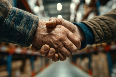 Two hands shake in a warehouse filled with shelving, symbolizing partnership and unity in business. The image highlights trust and collaboration in a professional environment.の素材