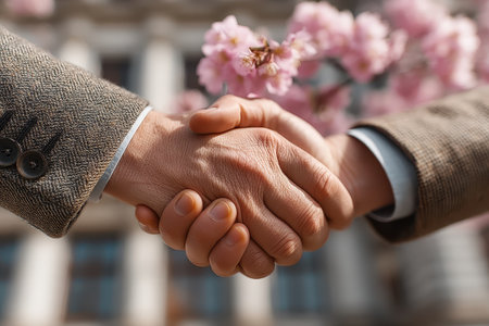 A close-up of two hands engaged in a handshake amidst beautiful cherry blossoms, symbolizing partnership and unity in a vibrant spring setting.の素材
