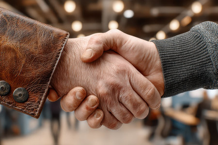 A close-up of a handshake between two individuals in a modern office setting, symbolizing partnership, trust, and collaboration in a business environment.の素材