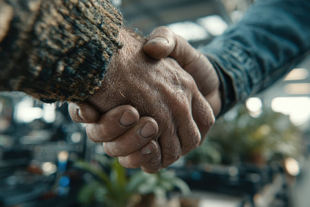 This close-up image captures a handshake between two individuals, symbolizing trust and collaboration in a professional setting.の素材