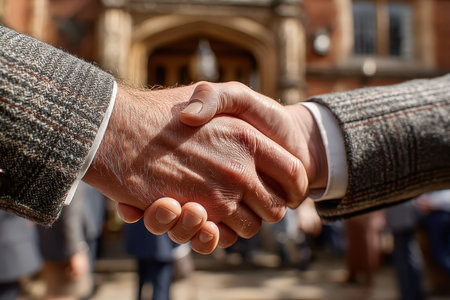 Close-up of two hands shaking in a friendly agreement at a sunny outdoor event. The image captures the essence of professional collaboration and trust.の素材