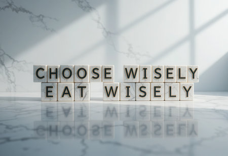 This image features a motivational message about healthy eating choices, arranged in a modern minimalist setting with soft shadows and reflections, promoting a positive lifestyle.の素材