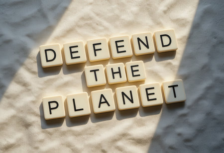 A creative display of letter tiles spelling out "Defend the Planet" on a soft background, symbolizing environmental awareness and activism.の素材